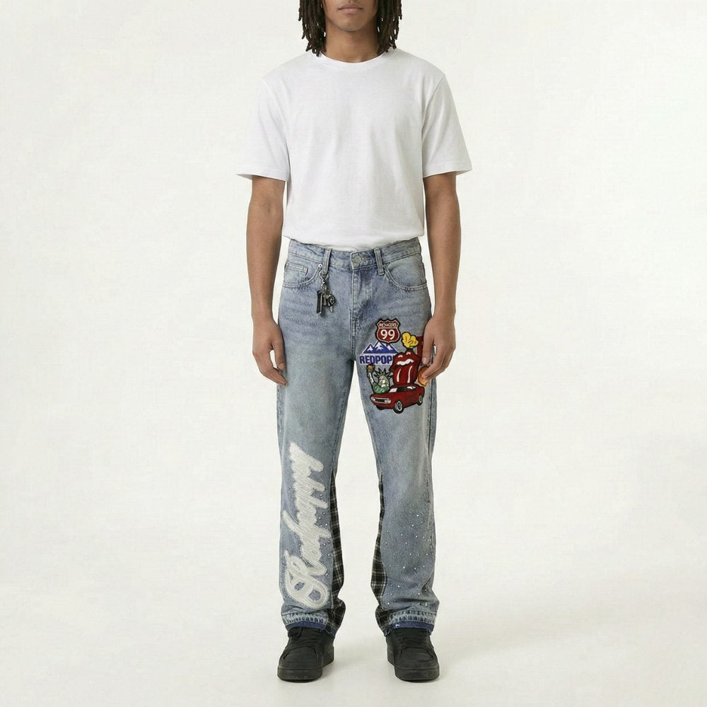 Red Poppy Patch Jeans - Embellished