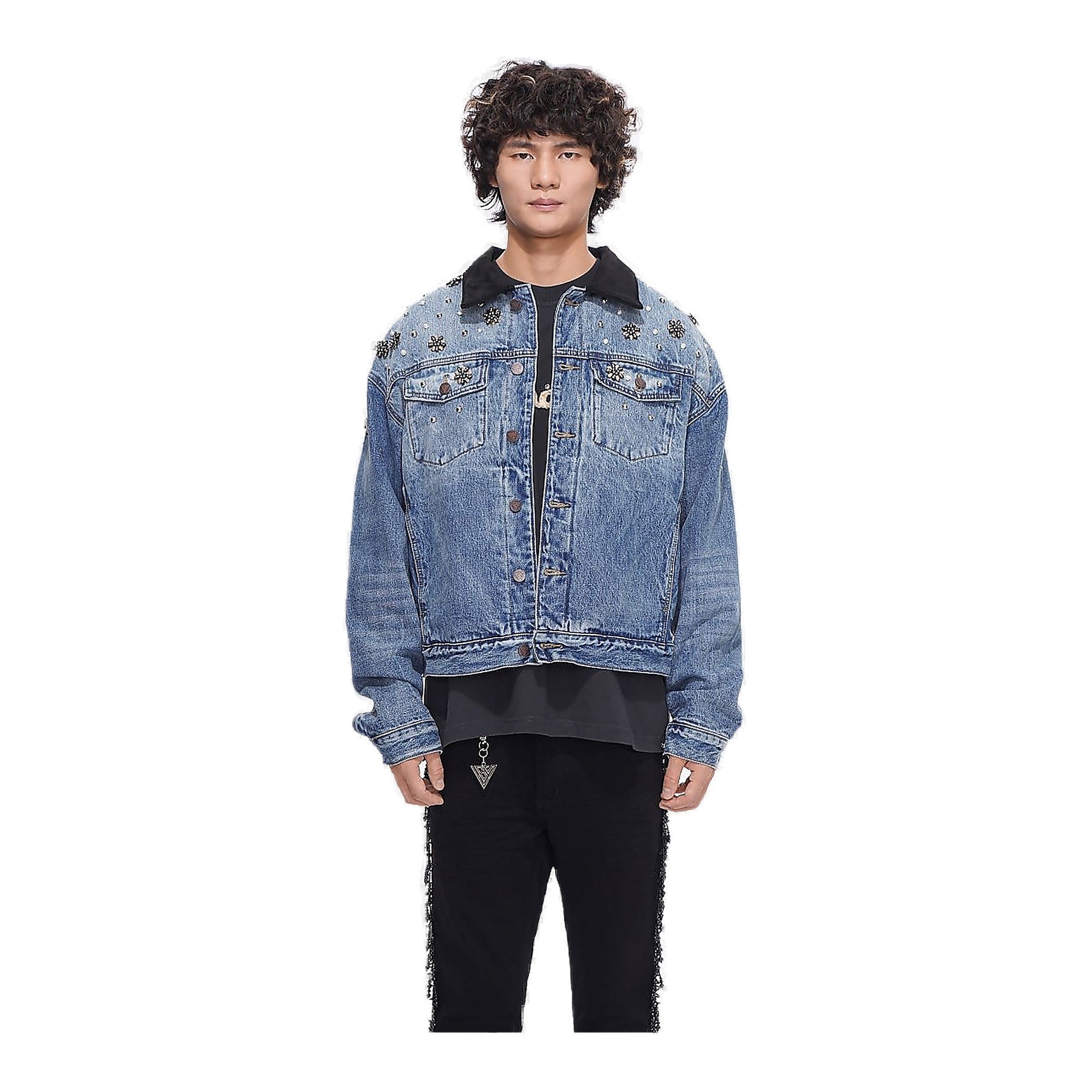 Valabasas Floral Trucker Jacket - Embroidered Blue Washed