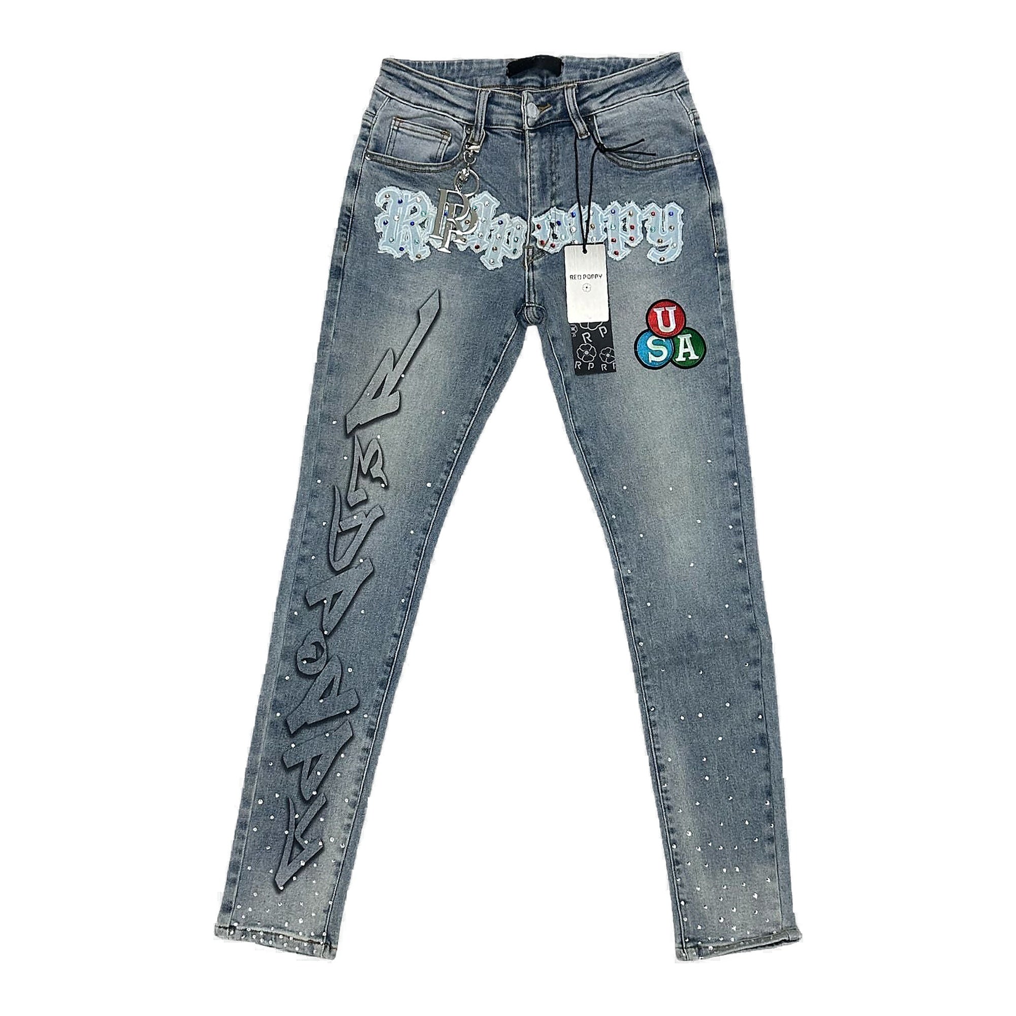 Red Poppy Graphic Jeans - Studded
