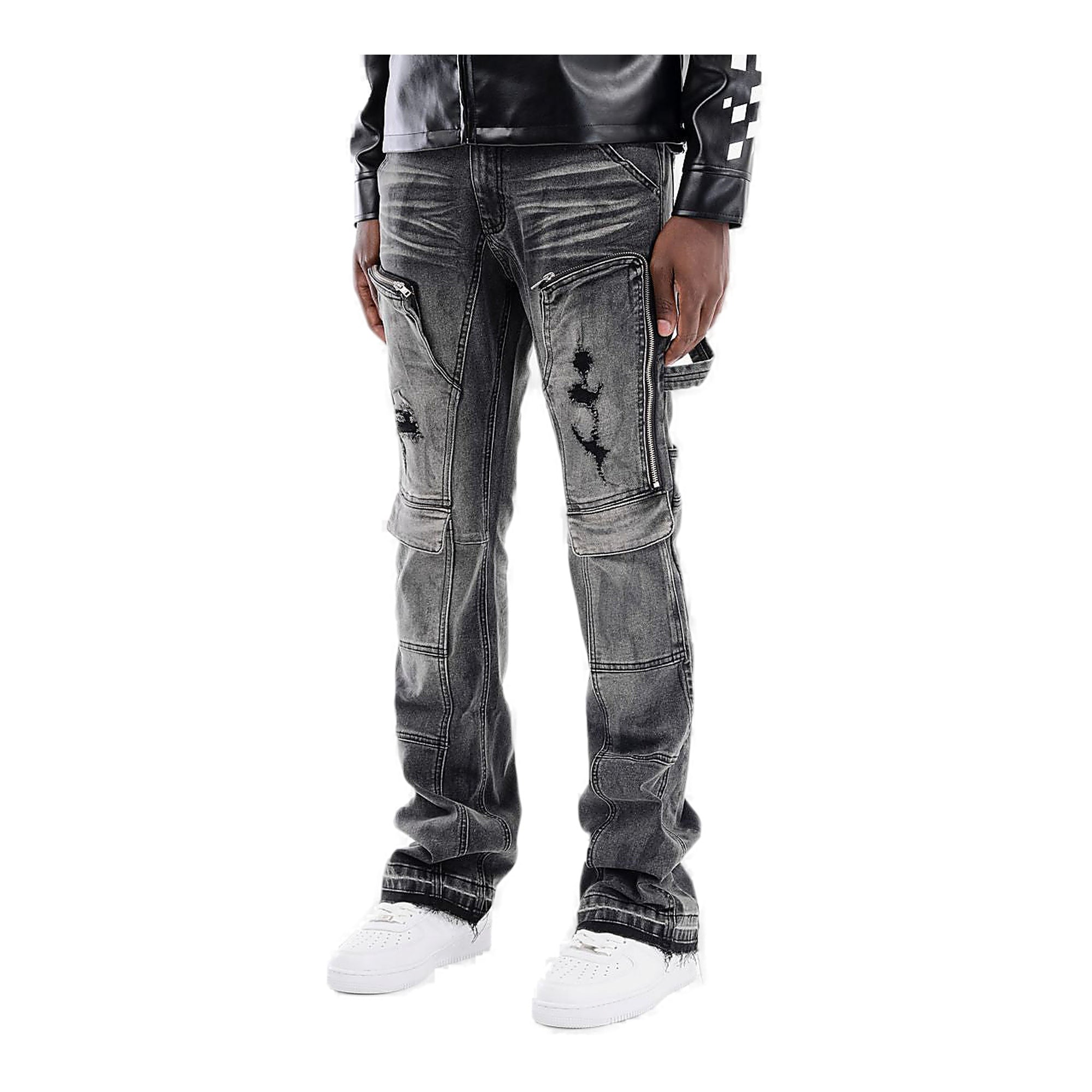 Copper Rivet Distressed Cargo Pants - Zippered