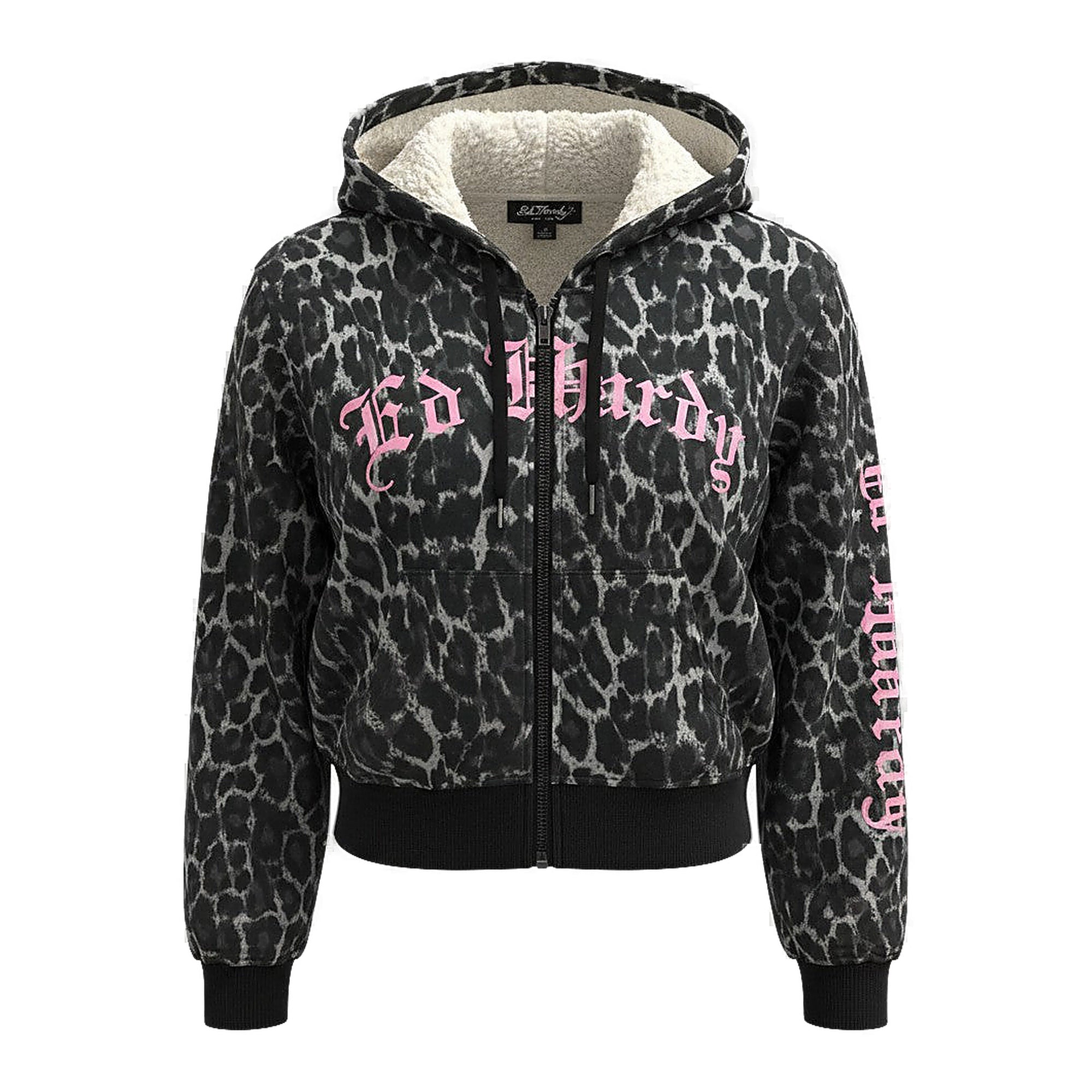 Ed Hardy Leopard Skull Hoodie - Sherpa Lined Black