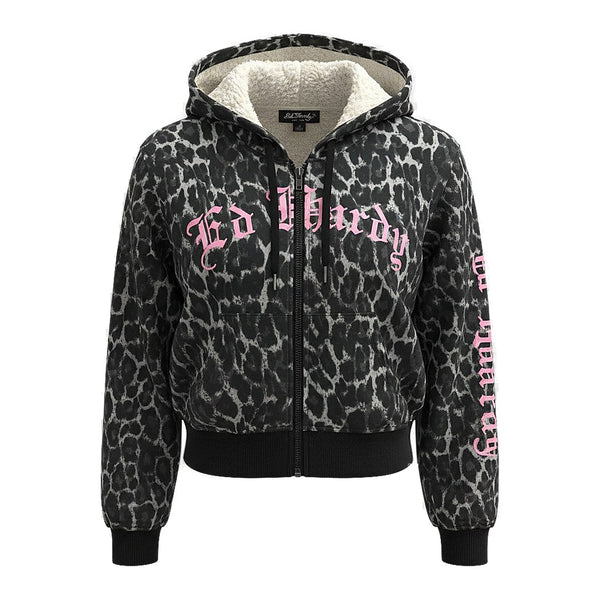 Ed Hardy Leopard Skull Hoodie - Sherpa Lined Black