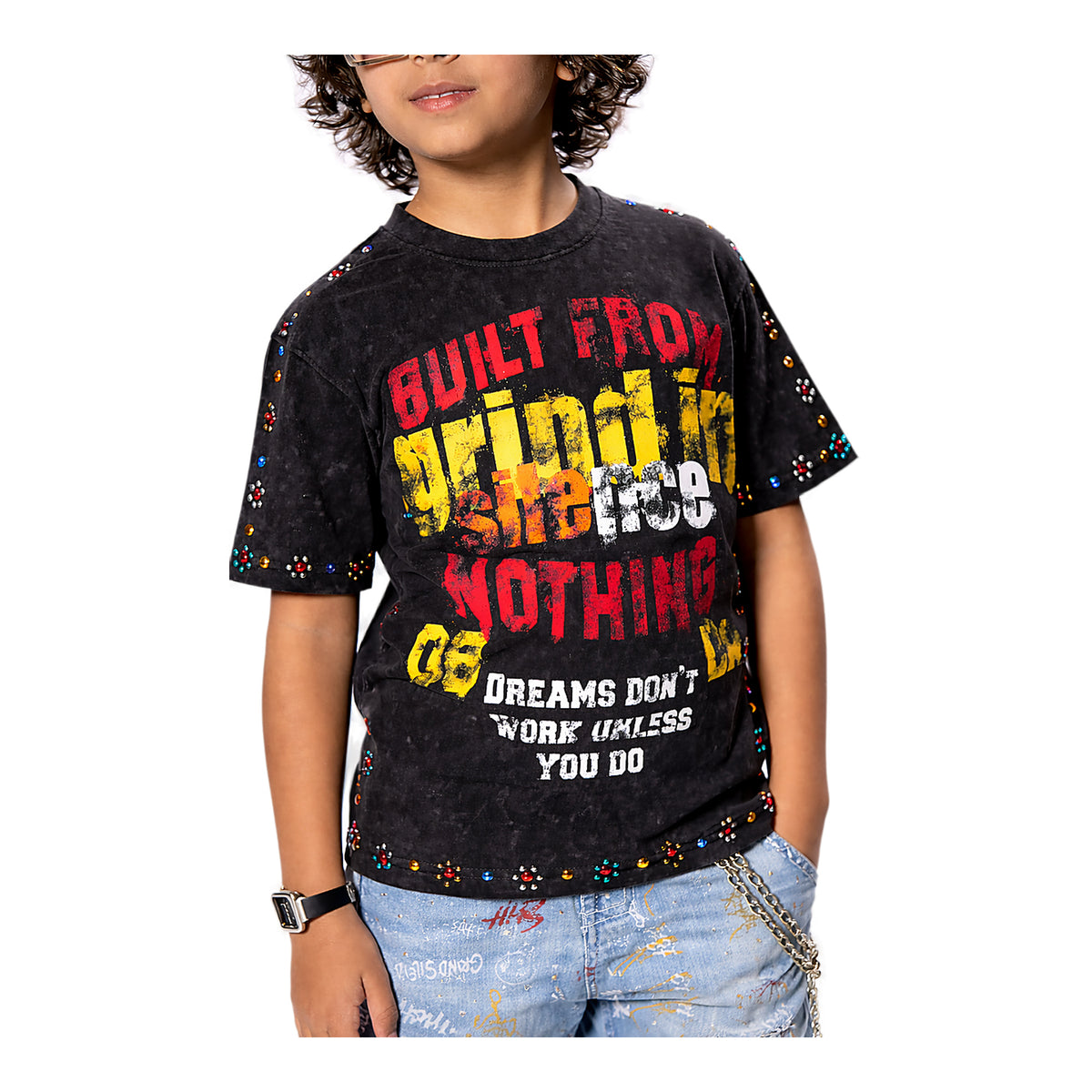 Elite Premium Built From Nothing Kids T-Shirt - Rhinestone Black