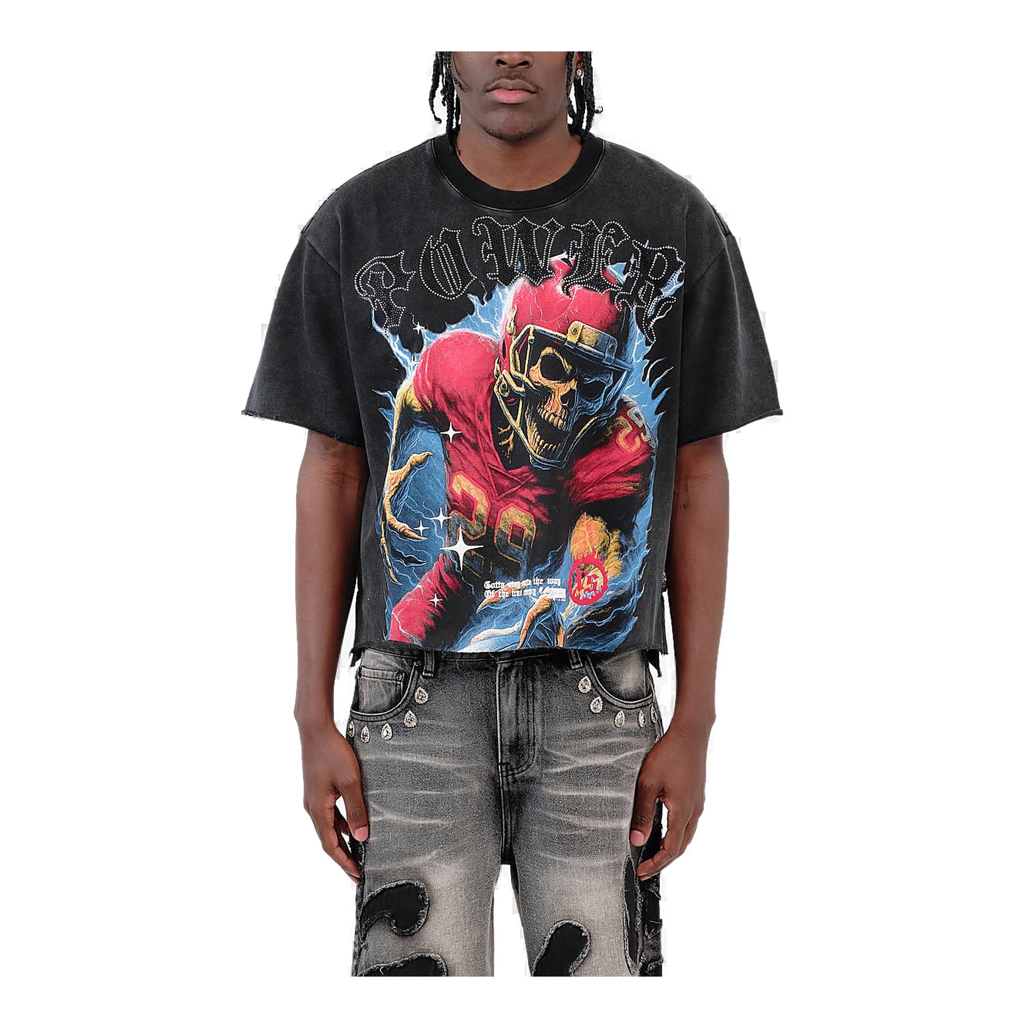 Copper Rivet Skull Football Tee - Raw Hem