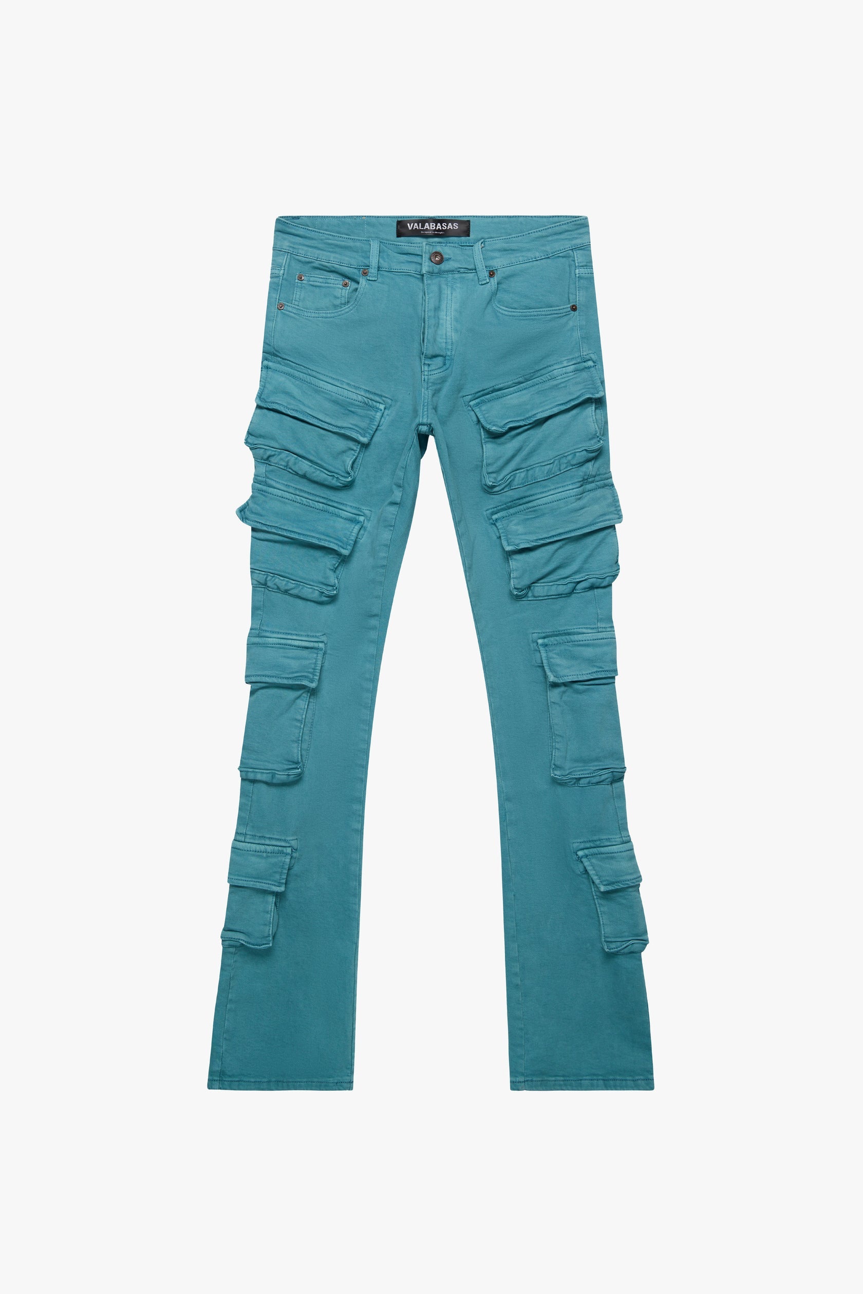 "PINNACLE” AQUA STACKED FLARE JEAN