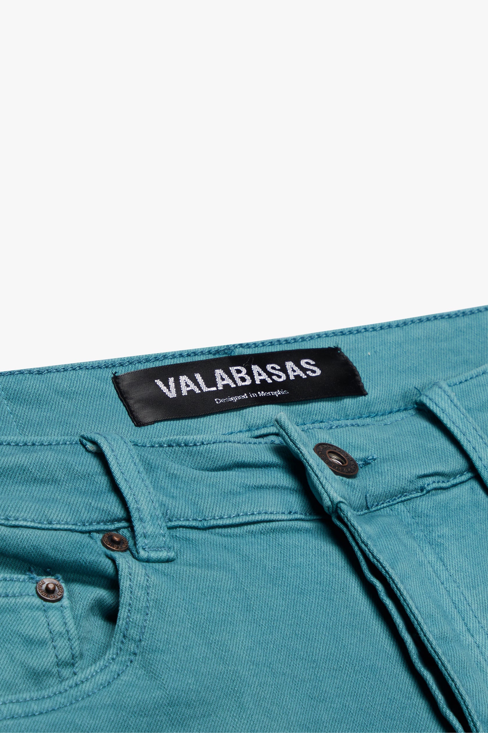 "PINNACLE” AQUA STACKED FLARE JEAN