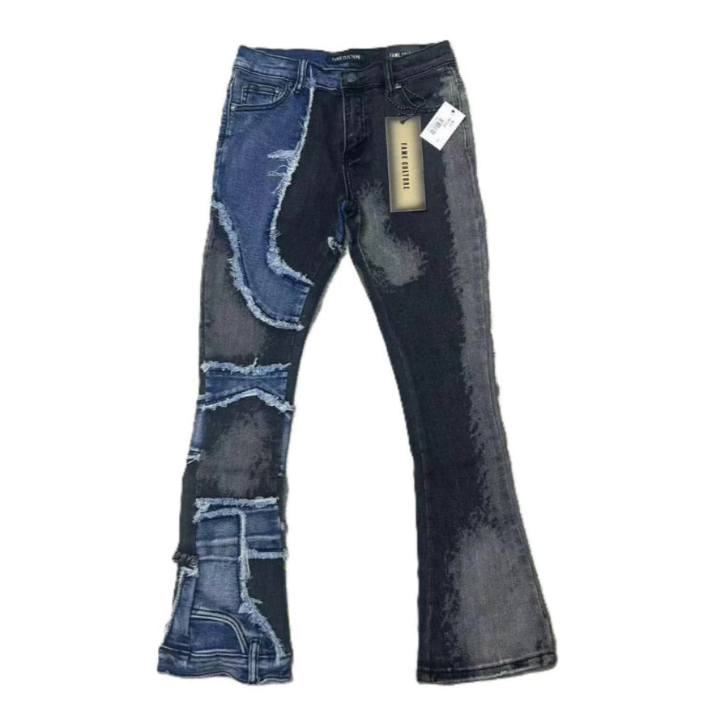 Patchwork Flare Stacked Jean - Grey Blue