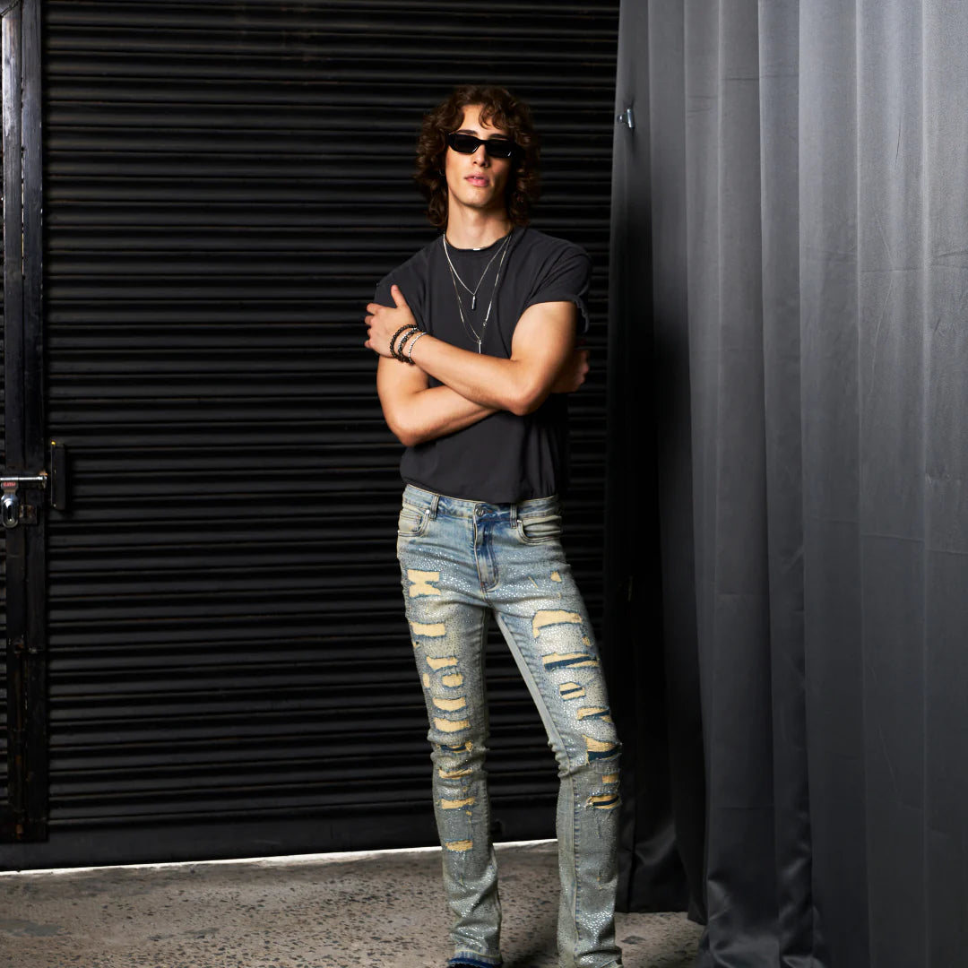 Waimea Men's Stacked Fit Jeans with Rhinestones Front and Back