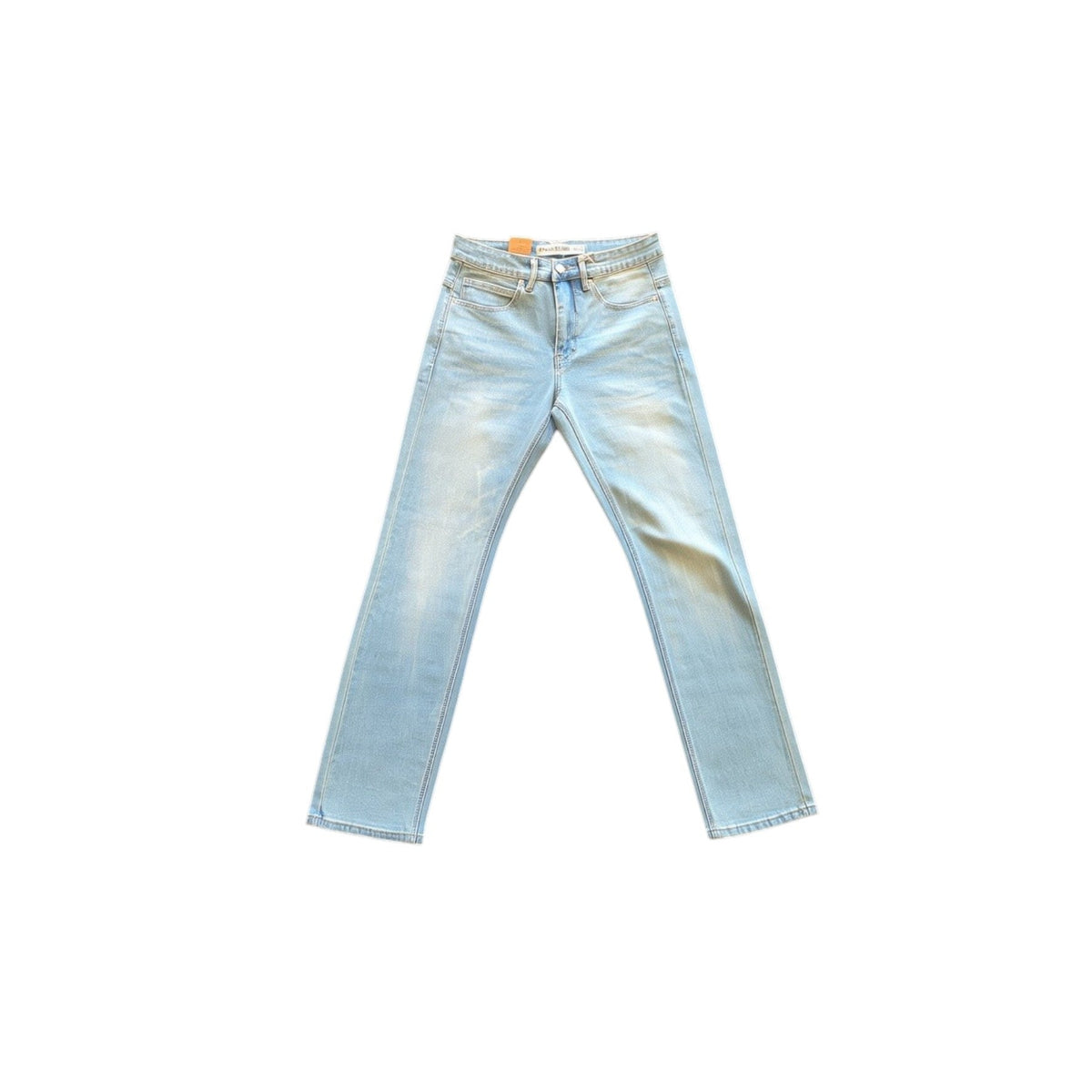 Light wash blue denim jeans with a faded, washed-out finish, shown flat against a solid white background.