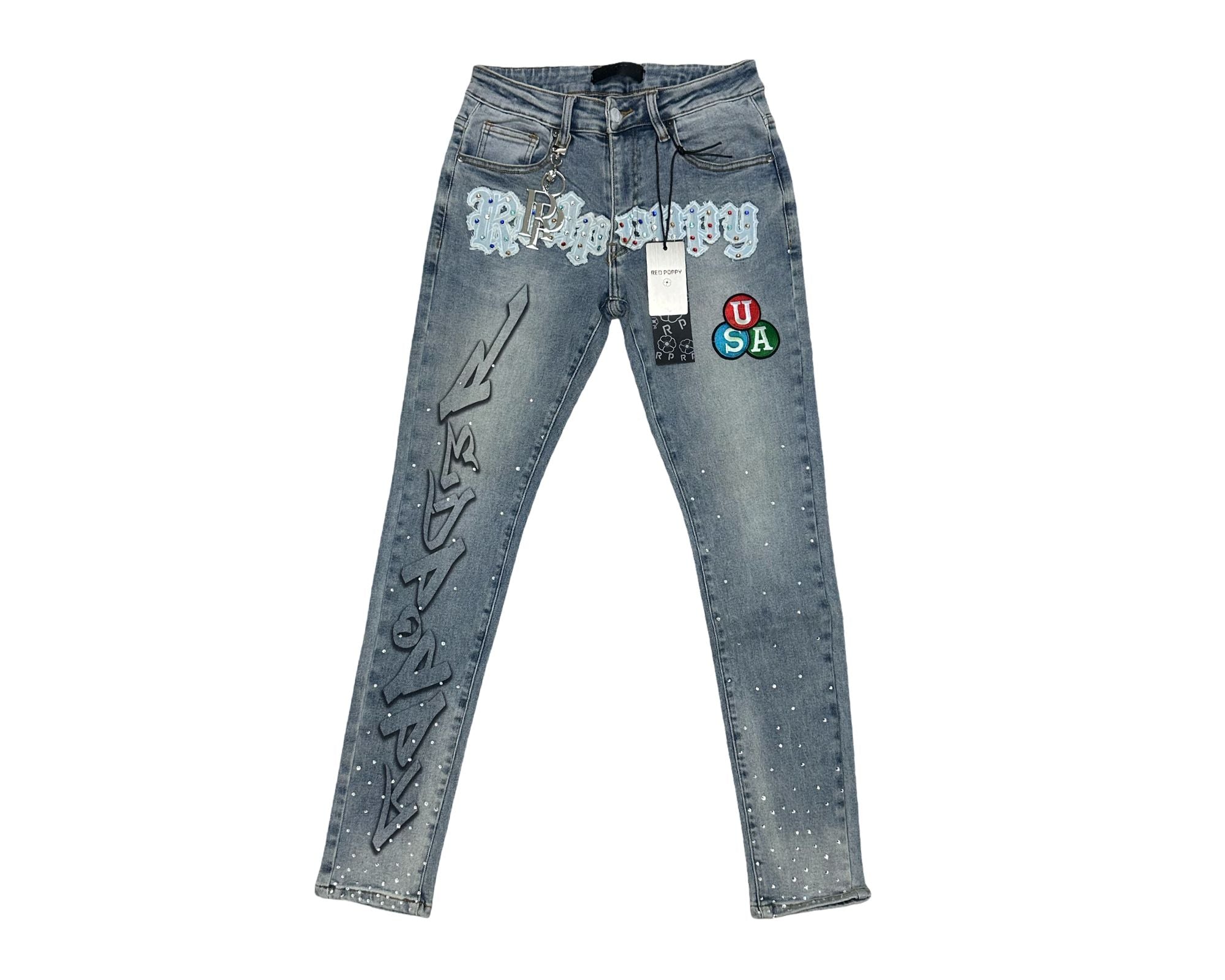 Red Poppy Graphic Jeans - Studded