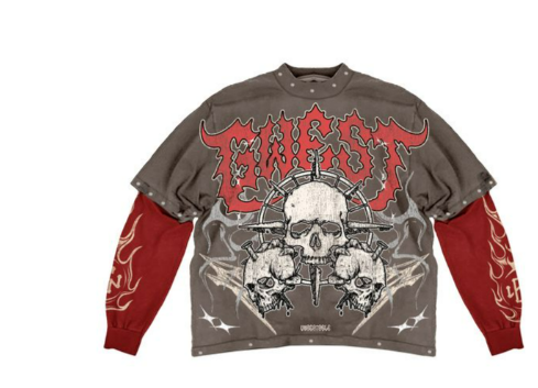 G-West Denim Crewneck Sweatshirt with Skull and Crossbones Graphic