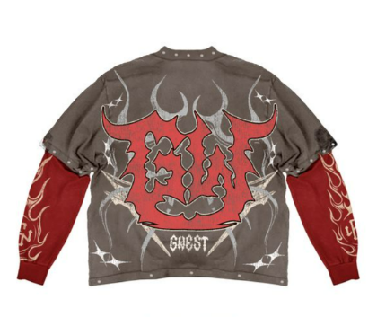 G-West Denim Crewneck Sweatshirt with Skull and Crossbones Graphic
