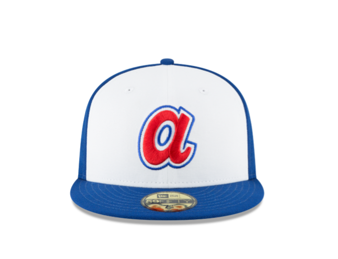 Baseball cap with a red and blue logo on a white background