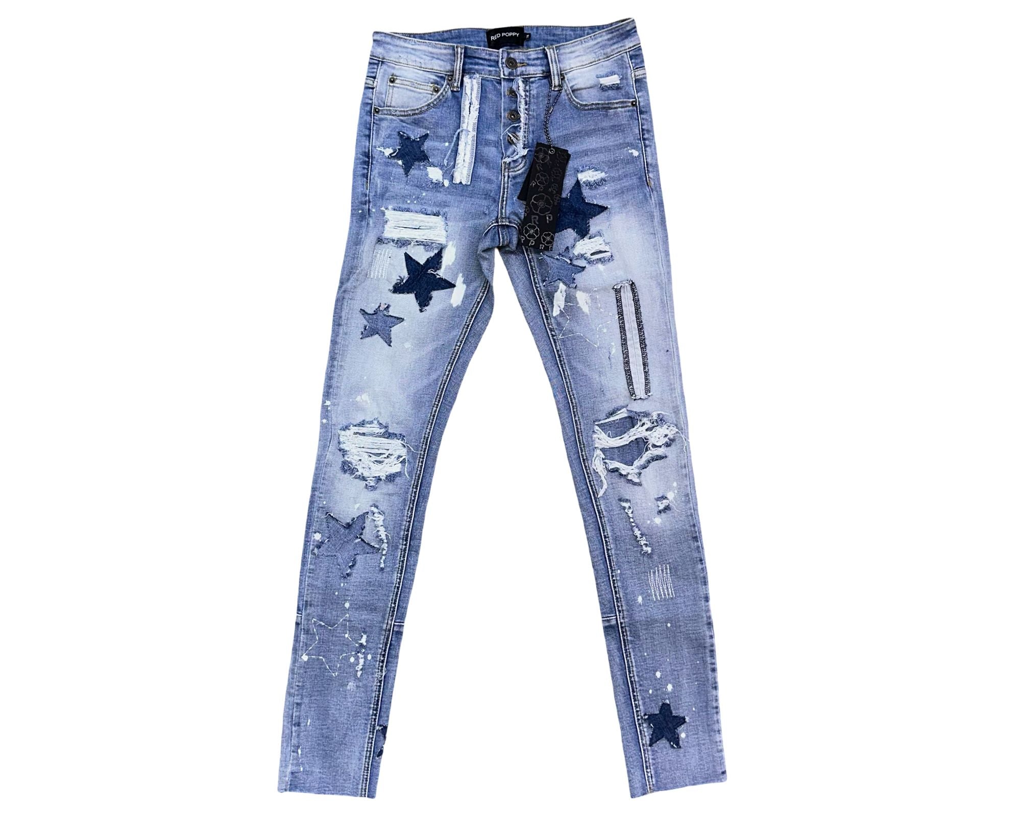 Red Poppy Men's Blue Wash Distressed Jeans