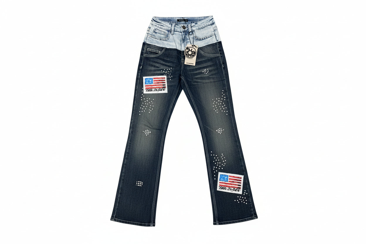 Black jeans with American flag patches on a white background