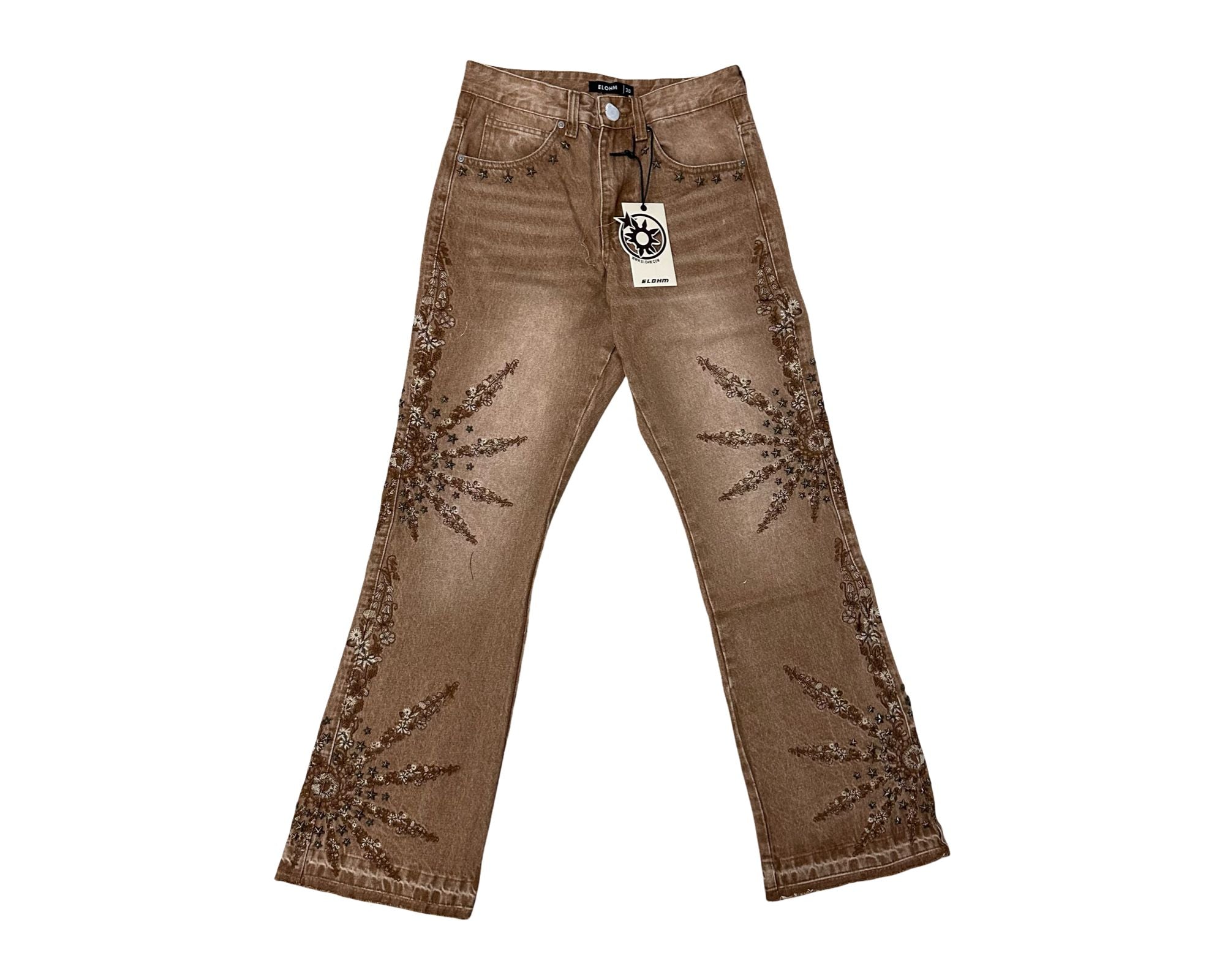 Brown jeans with sequin embellishments on a white background