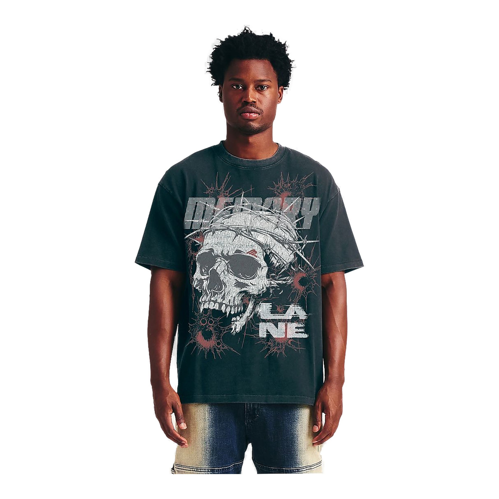 Memory Line Skull Wire Rhinestones Tee Men's T-Shirt - Black