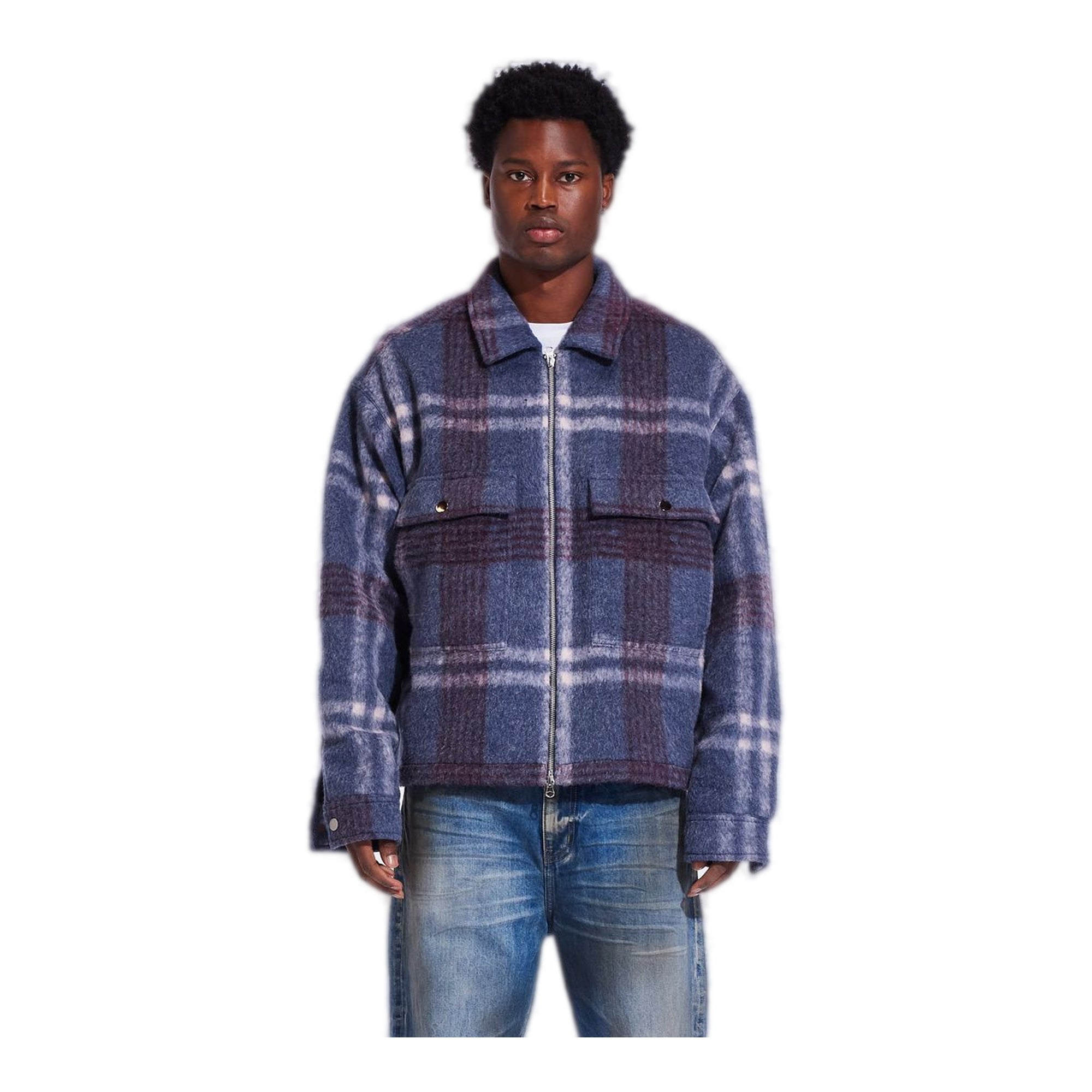 Crysp Blue Plaid Mohair Shacket Men's - Warm and Stylish