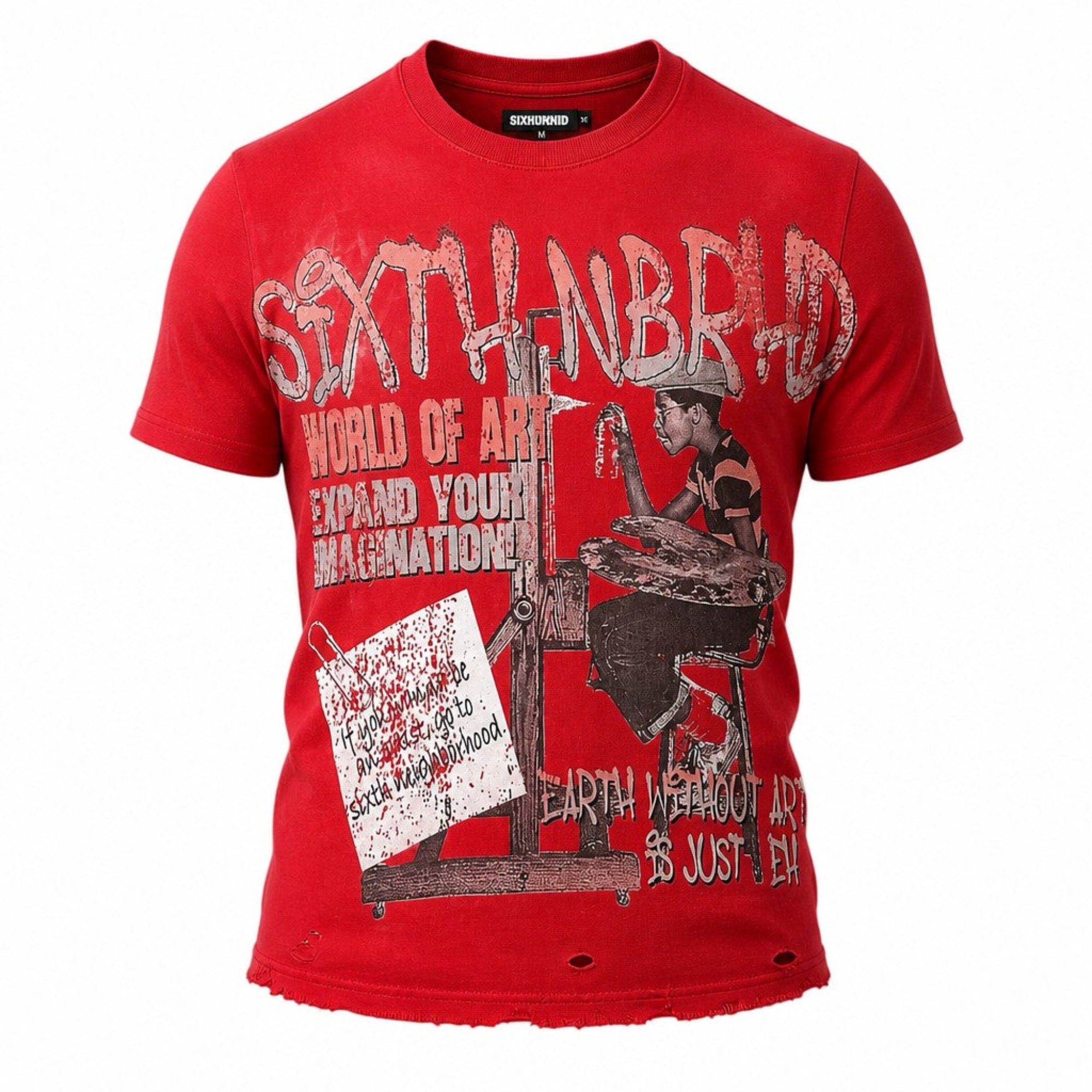 A red short-sleeve graphic t-shirt with a distressed, frayed hem and a large vintage-style print featuring the text 'SIXTH BLOOD' and 'WORLD OF ART EXPAND YOUR IMAGINATION!'. The graphic includes a sketch of an artist at a harp and a torn paper tag.