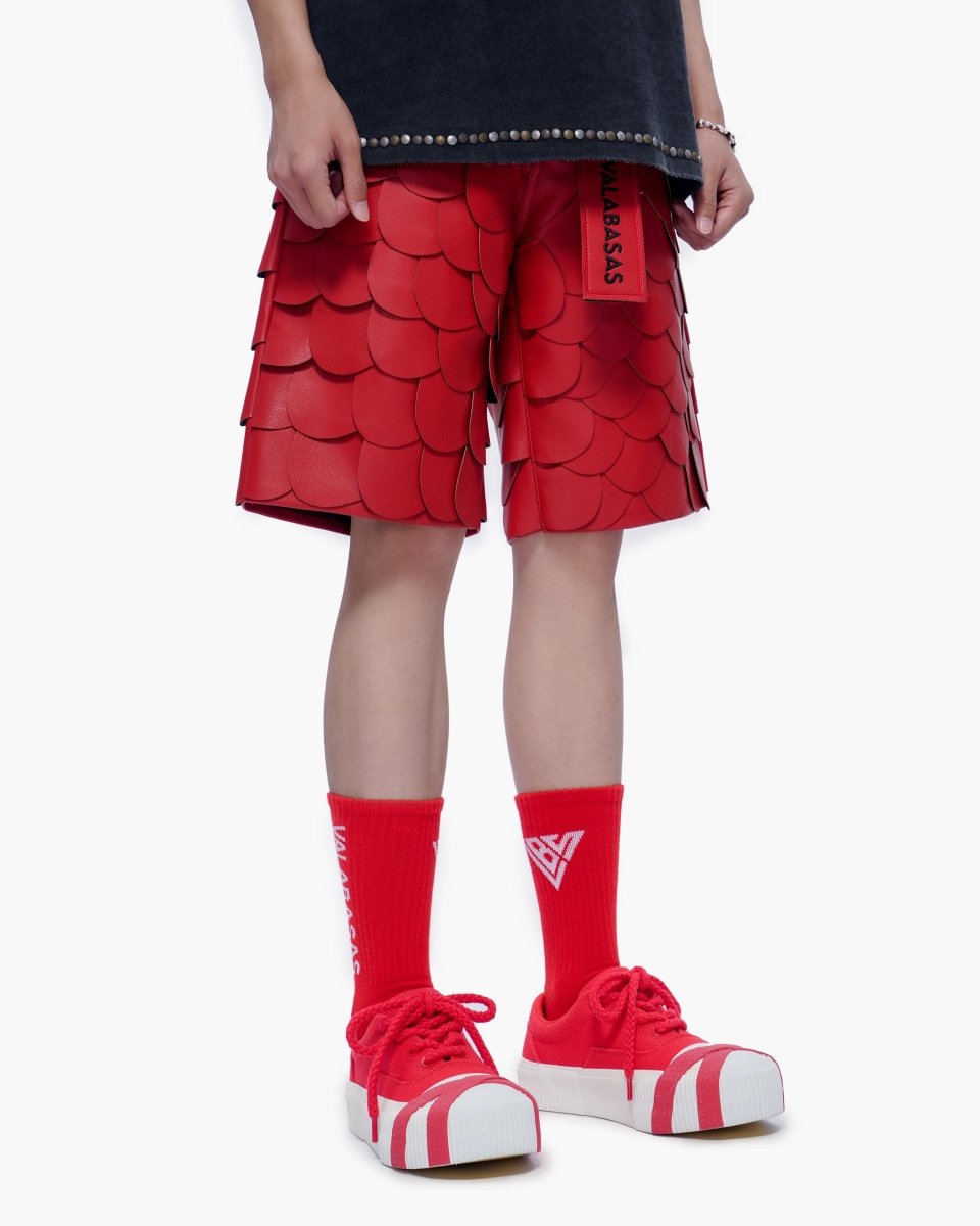 Dragon Scales Leather Shorts Red - Valabasas