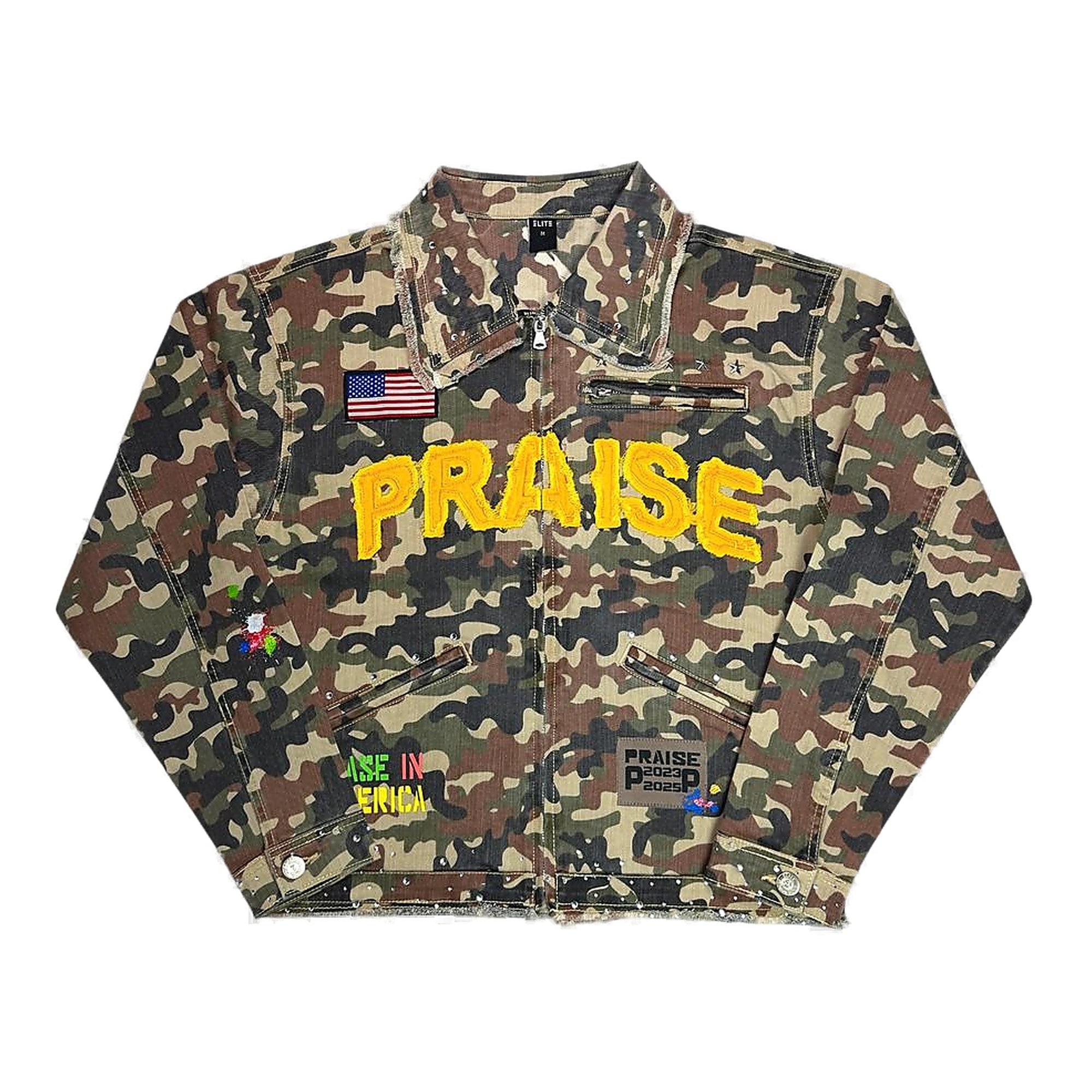 Elite Praise Embellished Premium Denim Jacket Camo - Camouflage Feature