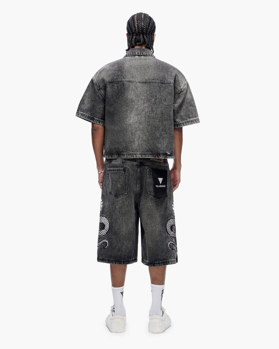 Frostscale Denim Short Sleeve Zip Up Grey Wash - Valabasas