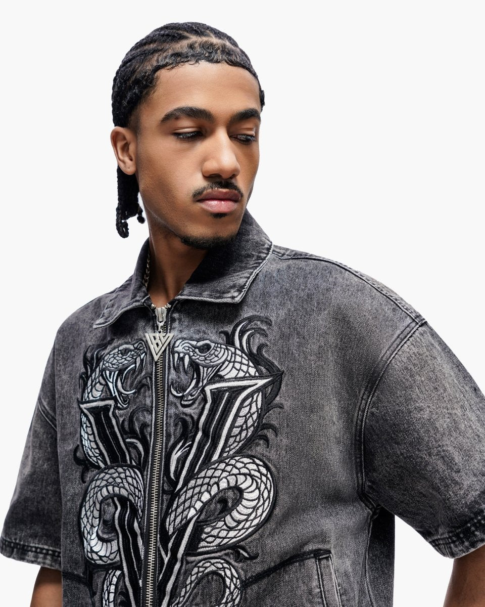 Frostscale Denim Short Sleeve Zip Up Grey Wash - Valabasas