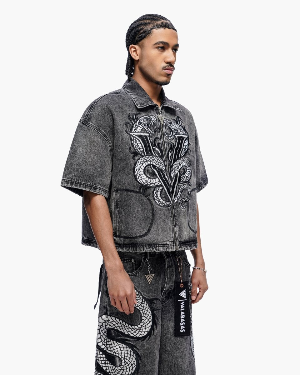 Frostscale Denim Short Sleeve Zip Up Grey Wash - Valabasas