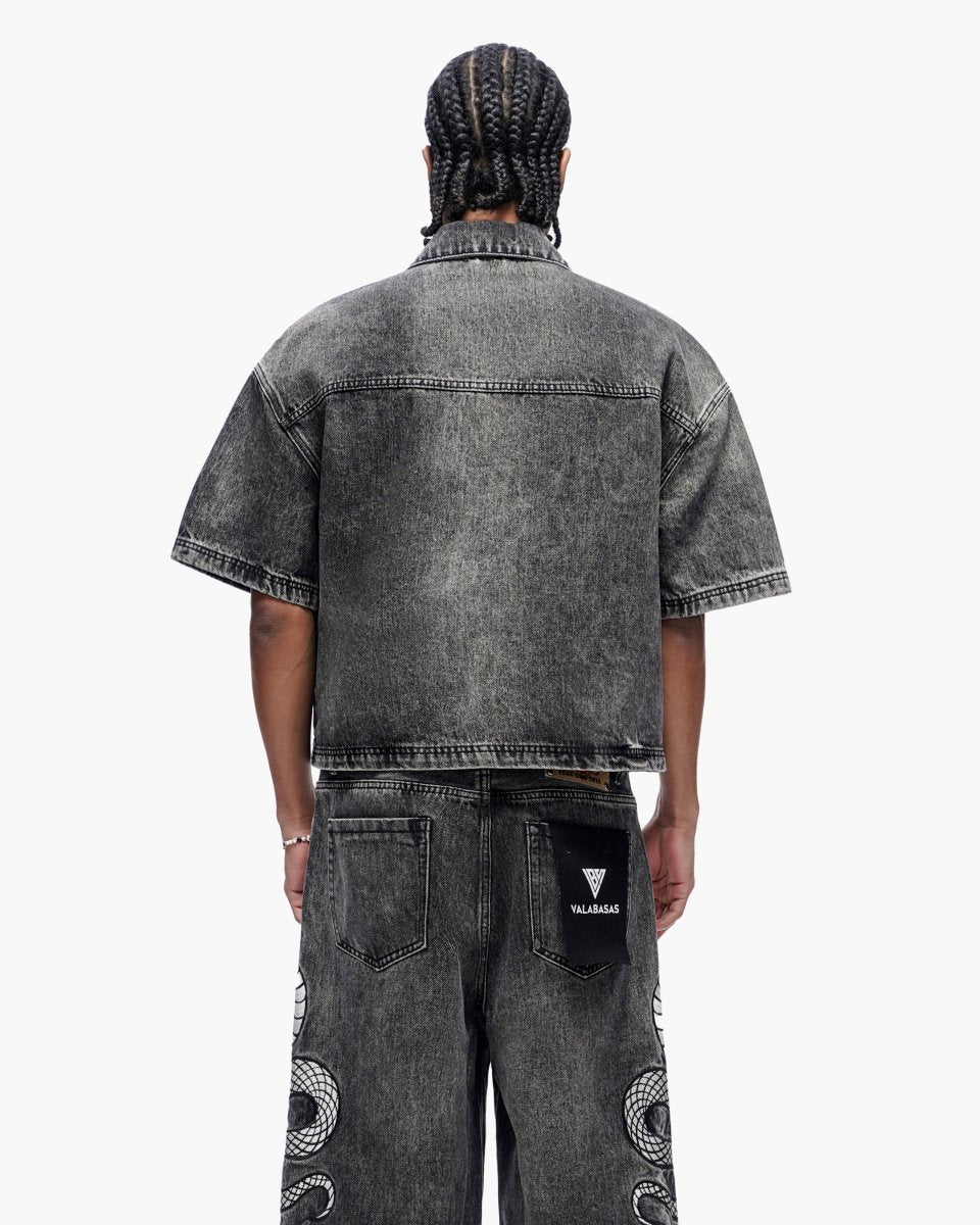 Frostscale Denim Short Sleeve Zip Up Grey Wash - Valabasas