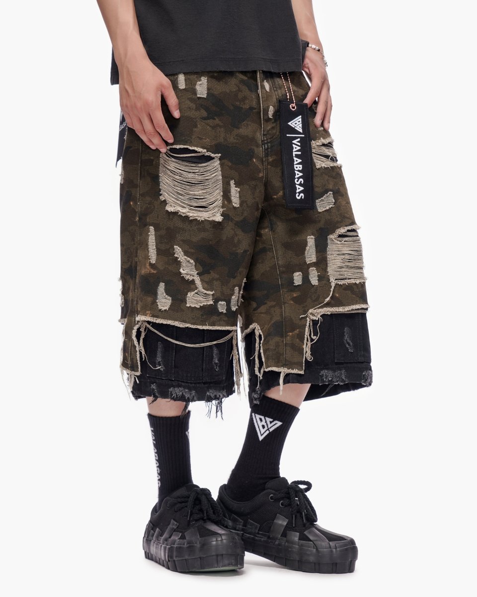 VALABASAS Plunder Jorts Dark Green Camo front right style full-length view