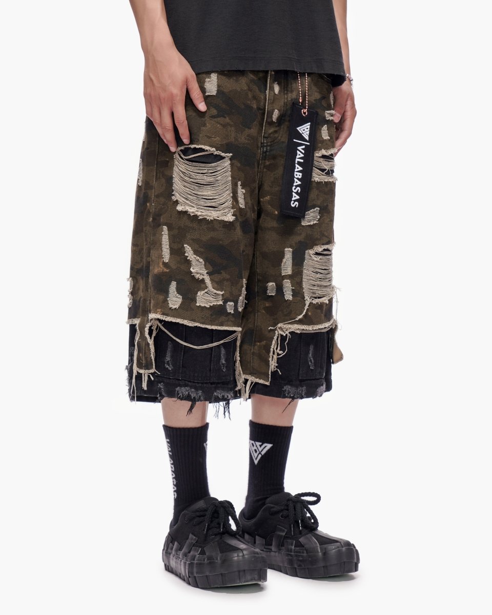 VALABASAS Plunder Jorts Dark Green Camo front right full-length view