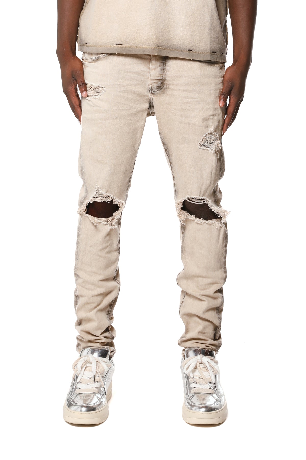 PURPLE BRAND Skinny Coated Seam Jeans – Tan
