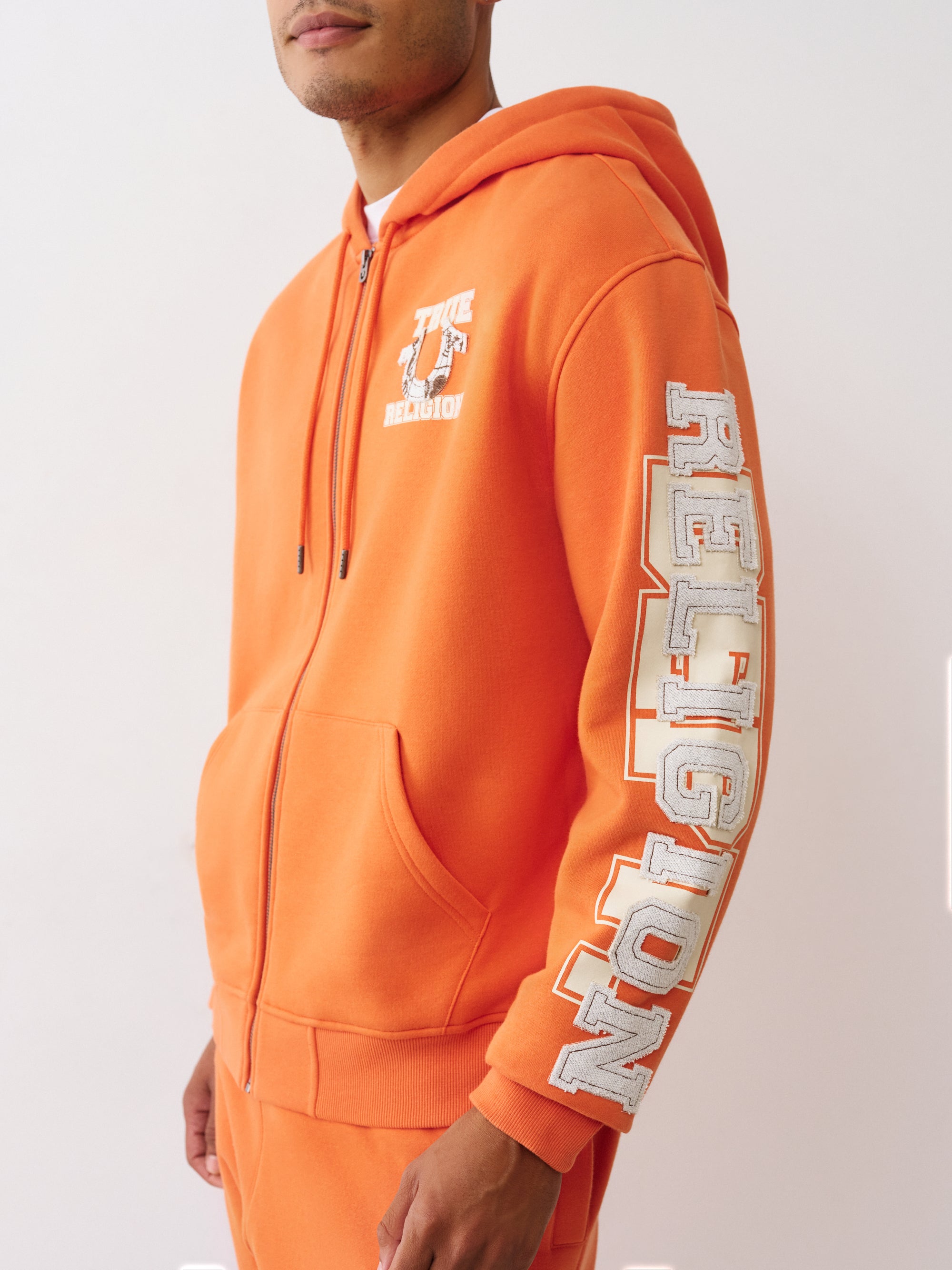 True Religion Terry Applique Zip Up Hood Men's Hoodie - Orange