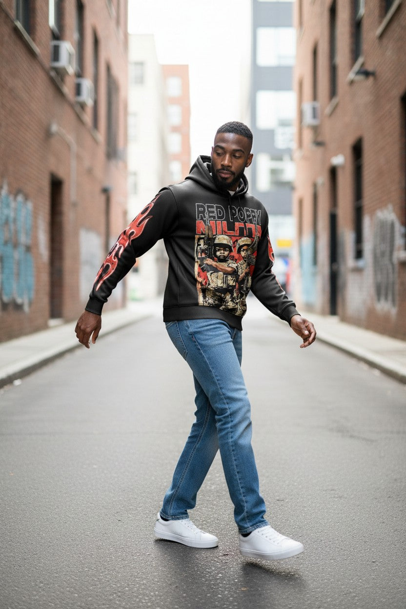 Red Poppy Hoodie for Men - Black