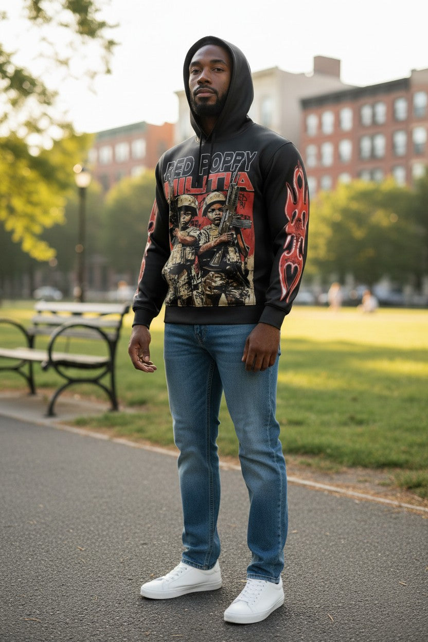 Red Poppy Hoodie for Men - Black
