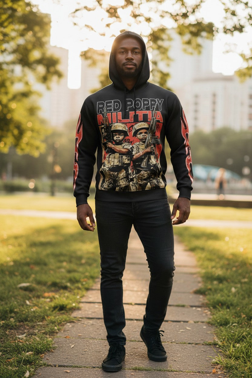 Red Poppy Hoodie for Men - Black